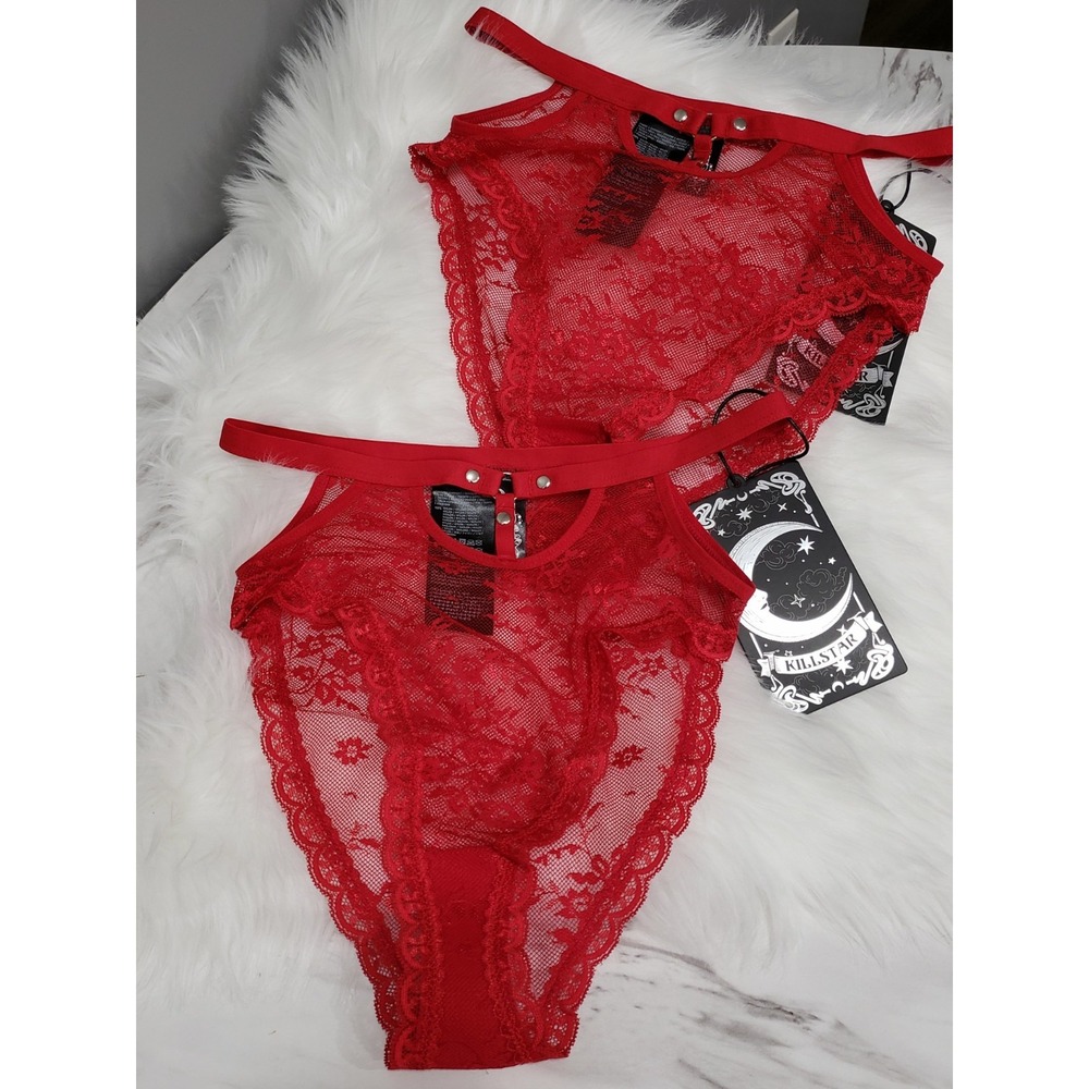 NEW XS Killstar LOT OF 2 PAIR EVIL PANTY BLOOD RED SHEER LACE GOTHIC LACE